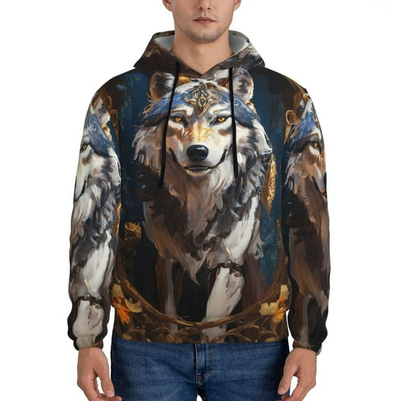 Balery Oil Painting Tribal Wolf Pattern Mens Hoodie Kangaroo Pocket Hoodie Pullover Hooded Sweatshirt Ideal for Daily Wear Travel and Home-3X-Large