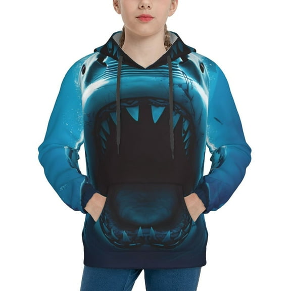 Balery Open-Mouthed Shark Pattern Boys Hoodie, Youth Pullover Hooded Sweatshirt, Kangaroo Pocket Hoodie for Kids Girls -Small