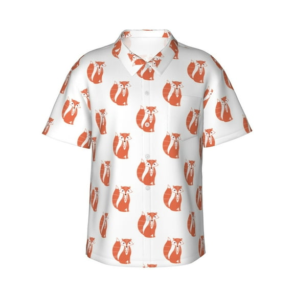 Balery Orange Fox Print Men's Hawaiian Shirts Short Sleeve Beach Shirt Relaxed Fit Vacation Button Down Shirts-XX-Large