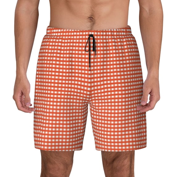 Balery Orange Gingham Mens Swim Trunks Swim Shorts for Men Quick Dry Inseam Beach Shorts with Compression Liner Pocket-X-Large