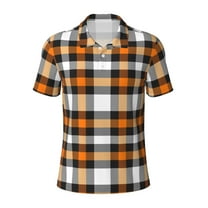 Balery Orange Plaid Printed Men’s Short Sleeve Polo Shirt, Midweight Men's Shirt,Golf Polo shirts -Large
