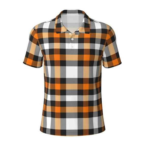 Balery Orange Plaid Printed Men’s Short Sleeve Polo Shirt, Midweight Men's Shirt,Golf Polo shirts -Large