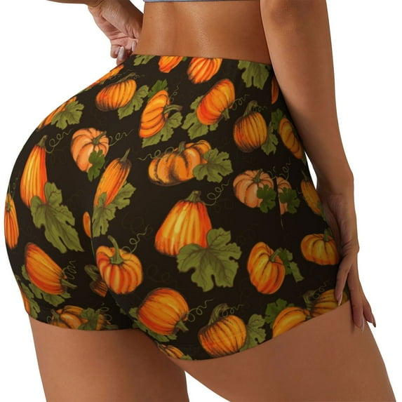 Balery Orange Pumpkin Printed Workout Shorts for Women Seamless Scrunch Short Gym Yoga Running Sport Active Exercise Fitness Shorts-Large
