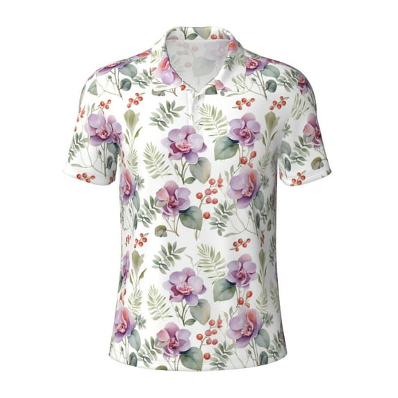 Balery Orchids Flowers Printed Men’s Short Sleeve Polo Shirt, Midweight Men's Shirt,Golf Polo shirts -X-Large