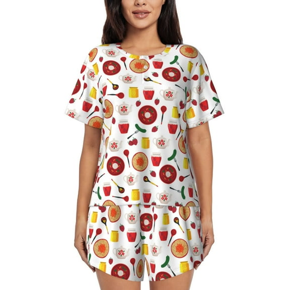 Balery Oriental Cuisine Pattern Womens Pajama Sets 2 Piece Soft Short Sleeve Top and Shorts Sleepwear Round Neck Pjs Lounge Set with Pockets-XX-Large