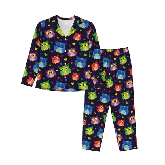 Balery Owls And Hearts Pattern Pajama Sets for Women Long Sleeve 2 Piece Sleepwear Loungewear Sets Soft PJ's with Pockets Long Sleeve Comfy Pj Sets-Medium