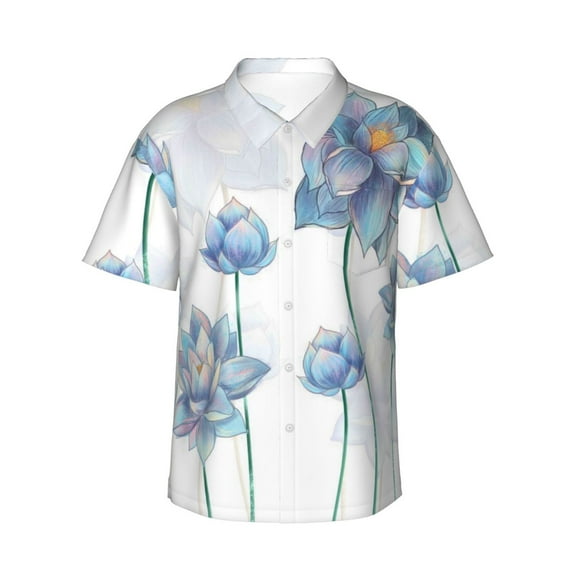 Balery Pale Blue Lotus Flowers Print Men's Hawaiian Shirts Short Sleeve Beach Shirt Relaxed Fit Vacation Button Down Shirts-XX-Large
