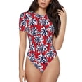 thumbnail image 1 of Balery Palm Tree Pattern on Red Women's Short Sleevee Crew Neck Bodysuit Tops Short Sleeve Tops Basic-Large, 1 of 9