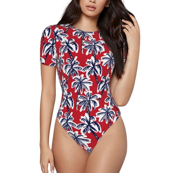 Balery Palm Tree Pattern on Red Women's Short Sleevee Crew Neck Bodysuit Tops Short Sleeve Tops Basic-Large