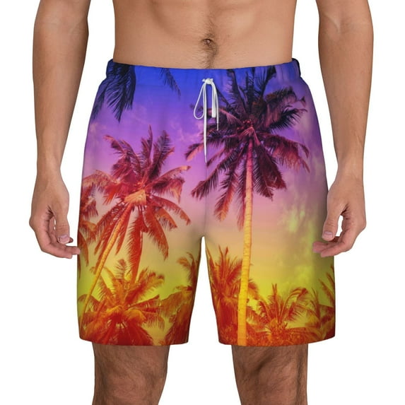 Balery Palm Trees at Sunset Mens Swim Trunks Swim Shorts for Men Quick Dry Inseam Beach Shorts with Compression Liner Pocket-X-Large