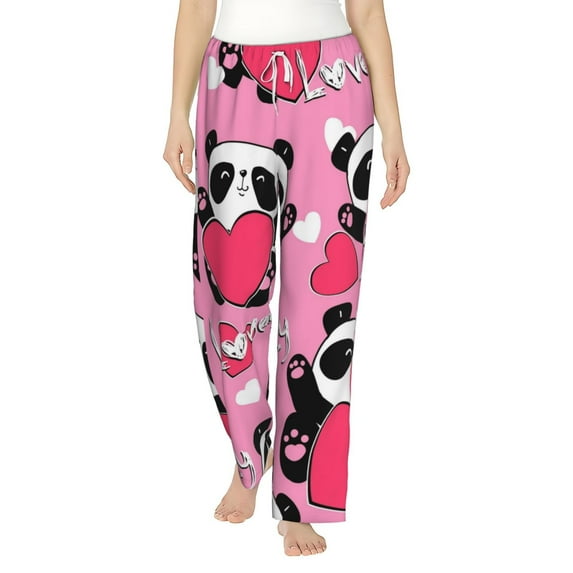 Balery Panda Heart Valentine Pink print Women's Pajama Pants,Ultra Lightweight Pjs,Lounge Pant-X-Large