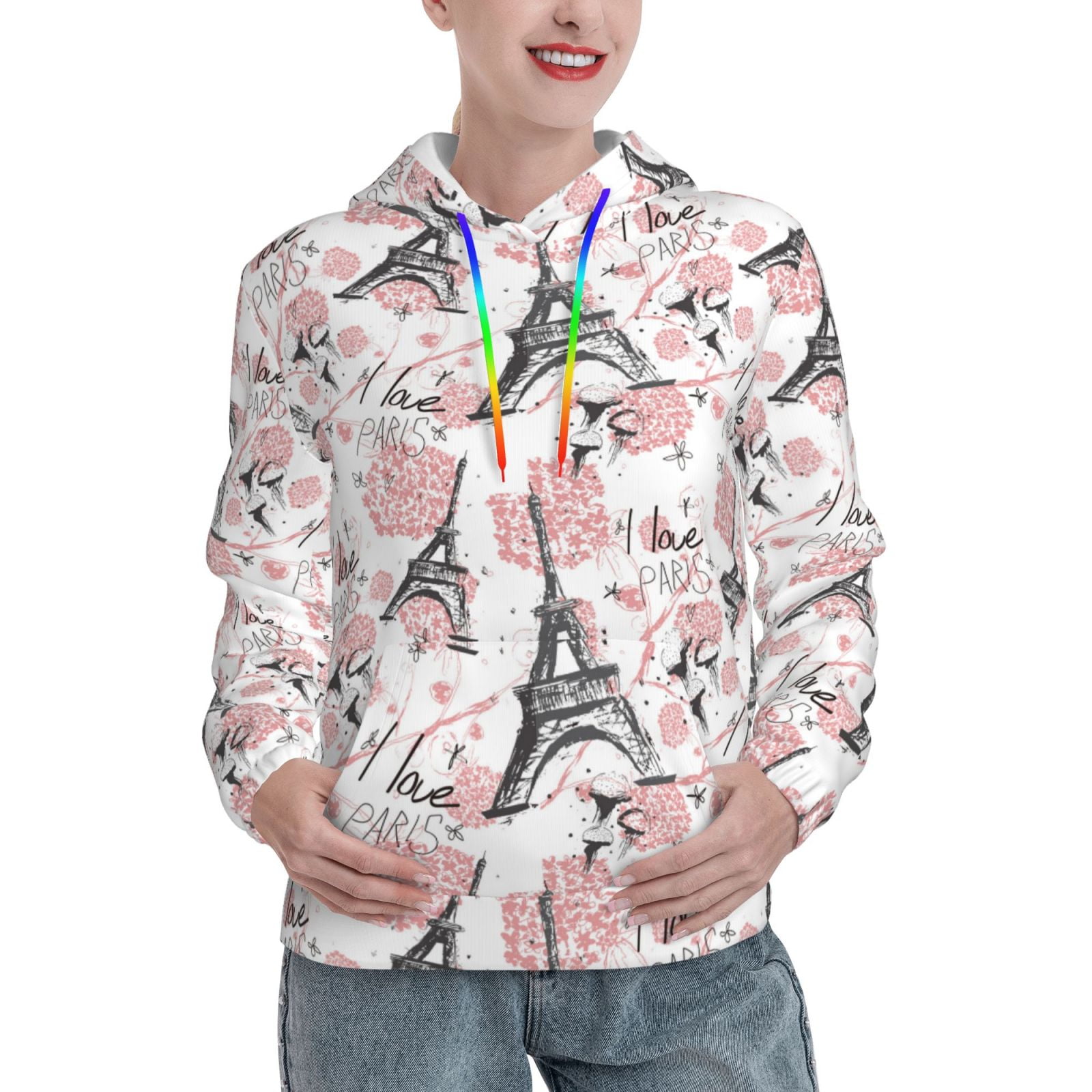 Balery Paris Pattern Womens Long Sleeve Hoodie, Pullover Hooded