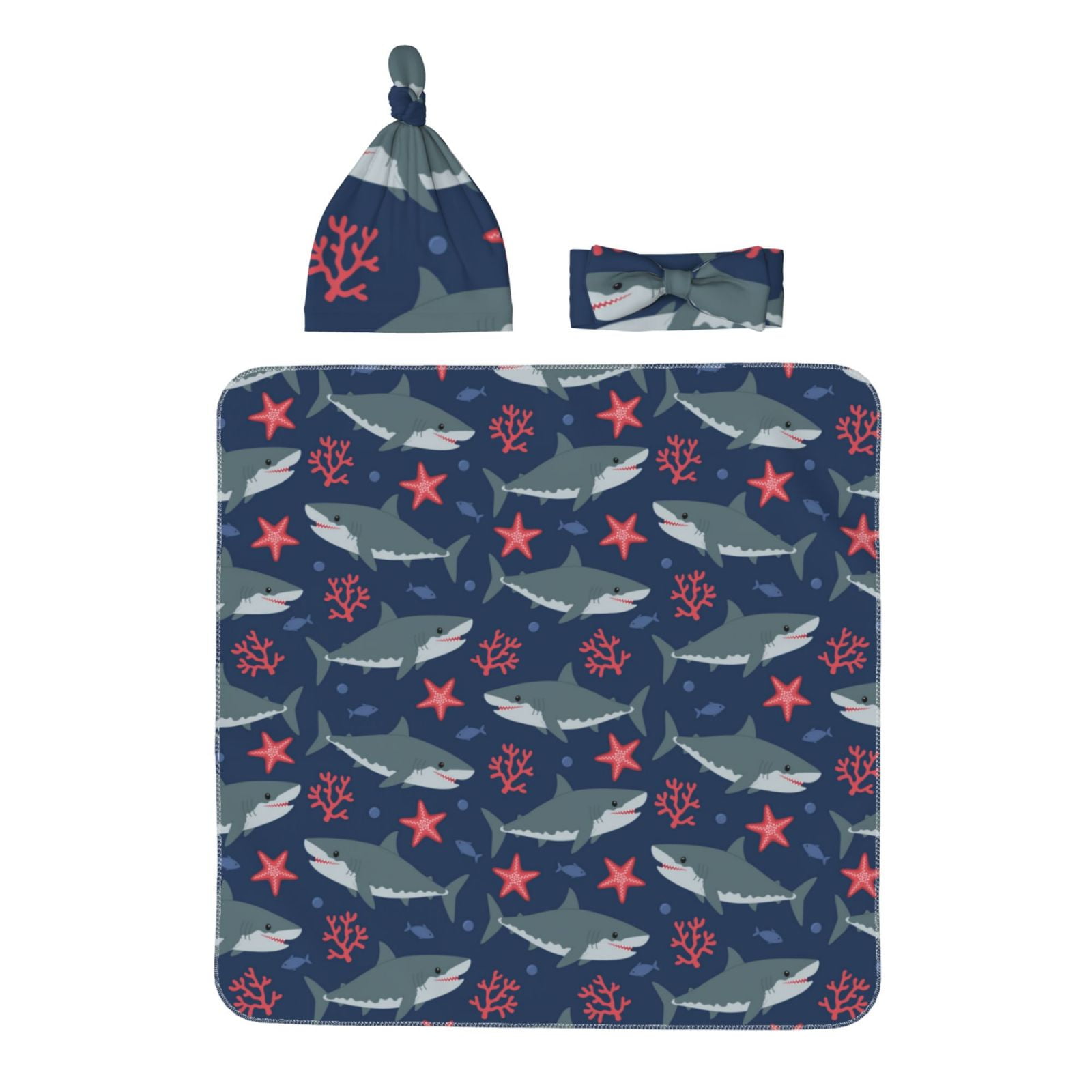 Balery Party Shark Cute Printed Newborn Receiving Blanket Bow Headband