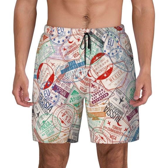 Balery Passport Stamp Mens Swim Trunks Swim Shorts for Men Quick Dry Inseam Beach Shorts with Compression Liner Pocket-Large