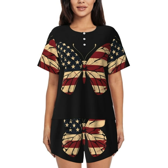 Balery Patriotic USA Butterfly Art Pattern Womens Pajama Sets 2 Piece Soft Short Sleeve Top and Shorts Sleepwear Round Neck Pjs Lounge Set with Pockets-Large