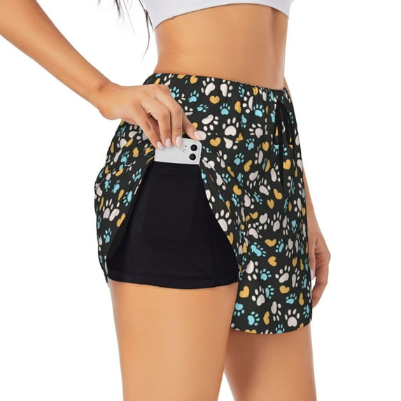 Balery Paw Animal Pattern Women's Running Shorts with Liner 2 Pockets Elastic Workout Athletic Gym Yoga Shorts-Large