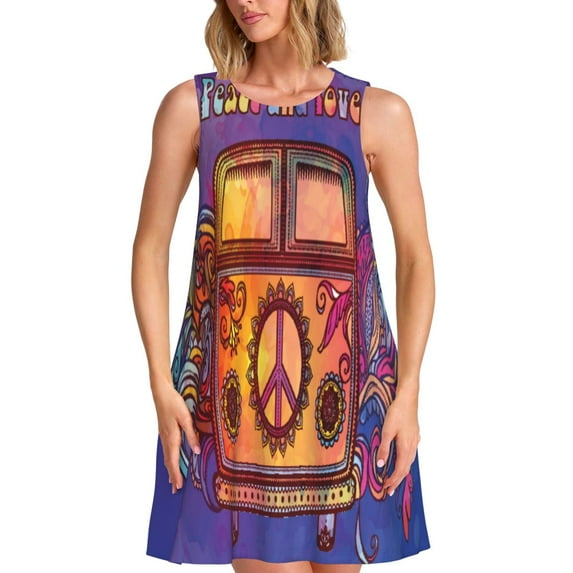 Balery Peace And Love Pattern Women’s Summer Dresses – Loose Sleeveless Sundress, Casual and Comfortable Beach Dress for Hot Days
