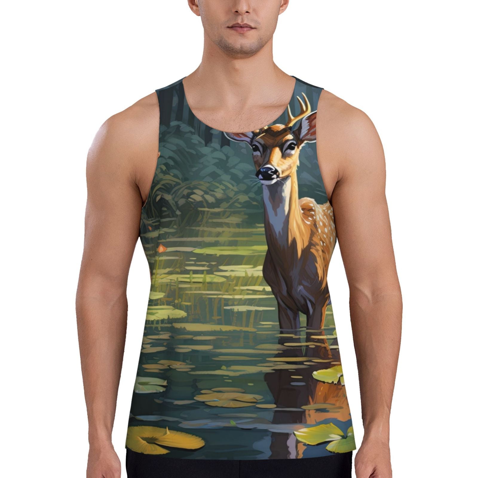 Balery Peaceful Deer Lily Pond Pattern Men's Workout Tank Top Gym ...