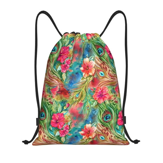 Balery Peacock Feathers And Flowers Pattern Drawstring Backpack Bag Sport Gym Sackpack Cinch Bags Pattern Drawstring Backpack Bag Sport Gym Sackpack Cinch Bags -Small