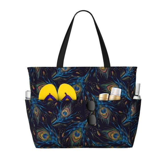 Balery Peacock Feathers Beach Travel Bag - Water-Resistant, Large Capacity Lightweight Tote with 7 Pockets for Women and Men - Perfect for Beach, Pool, Gym, and Travel