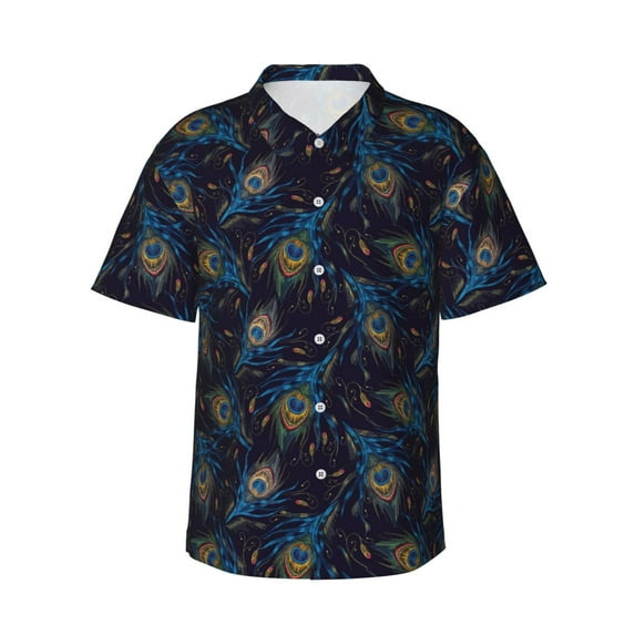 Balery Peacock Feathers Print Men's Hawaiian Shirts Short Sleeve Beach Shirt Relaxed Fit Vacation Button Down Shirts-X-Large
