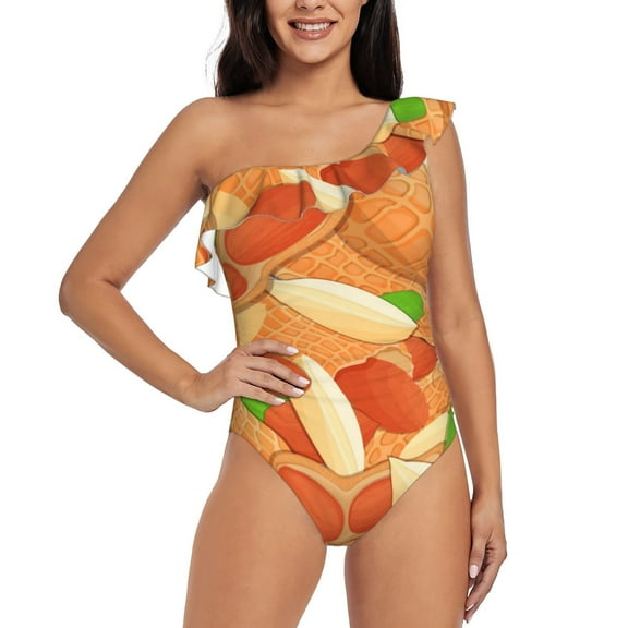 Balery Peanuts1 One Shoulder Swimsuits for Women Ruffle Swimsuits Tummy Control One Shoulder Bathing Suits-Medium