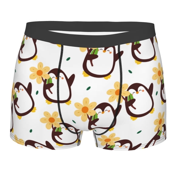 Balery Penguin With Flowers Men's Boxer Briefs, Soft and Breathable Cotton Underwear with nylon Waistband-Small