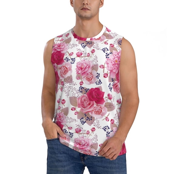 Balery Peonies And Roses Men's Sleeveless Muscle Shirts Workout Tank Top, Moisture Wicking, Odor Protection-3X-Large