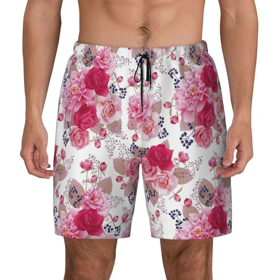 Balery Peonies And Roses Mens Swim Trunks Swim Shorts for Men Quick Dry Inseam Beach Shorts with Compression Liner Pocket-Medium