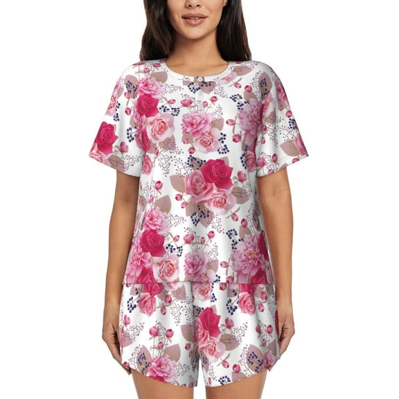 Balery Peonies And Roses Pattern Womens Pajama Sets 2 Piece Soft Short Sleeve Top and Shorts Sleepwear Round Neck Pjs Lounge Set with Pockets-4X-Large