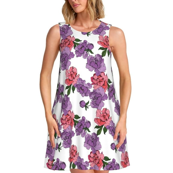Balery Peonies Pattern Women’s Summer Dresses – Loose Sleeveless Sundress, Casual and Comfortable Beach Dress for Hot Days