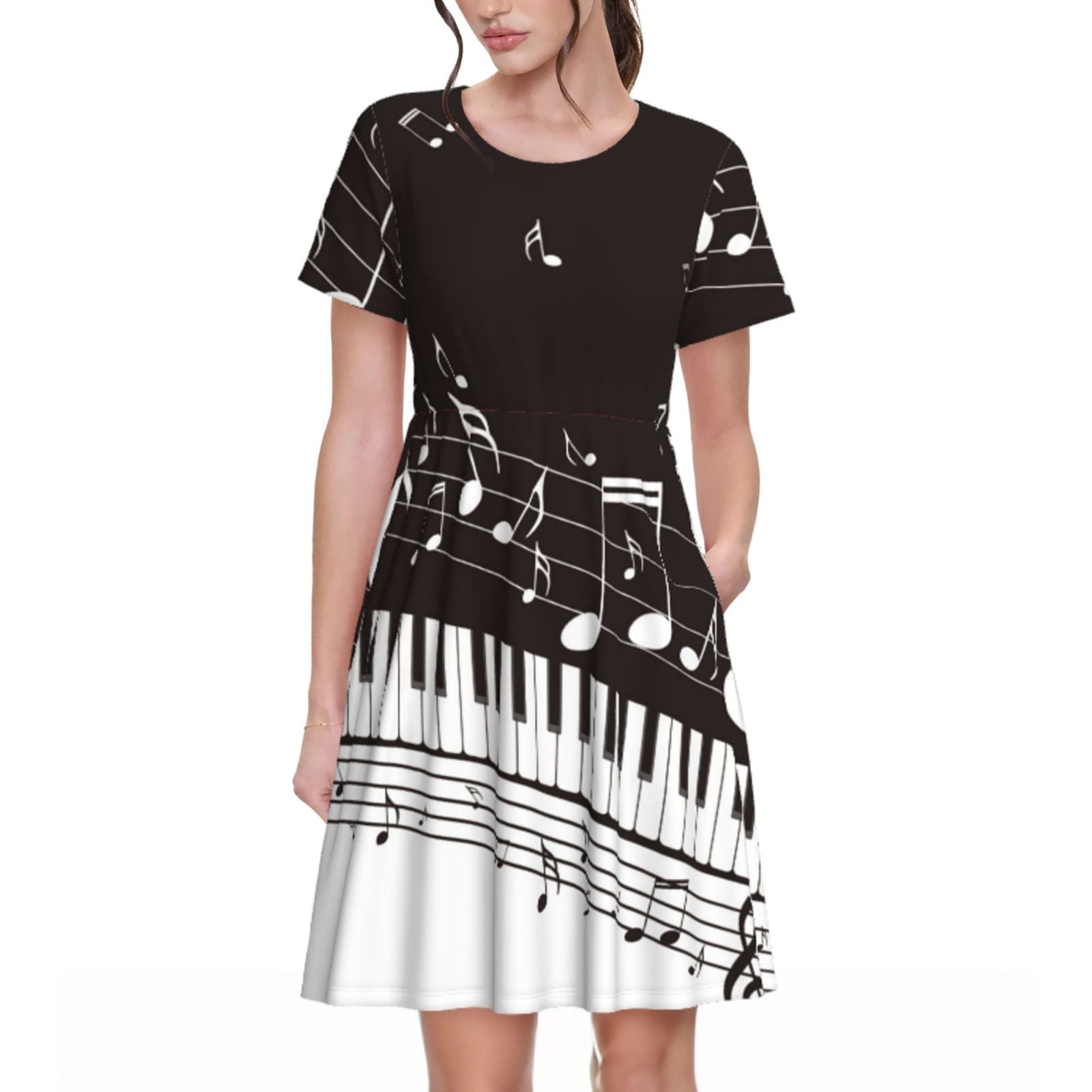 Balery Piano Keys With Musical Notes Pattern Womens Dresses Loose Short sleeve Sundresses