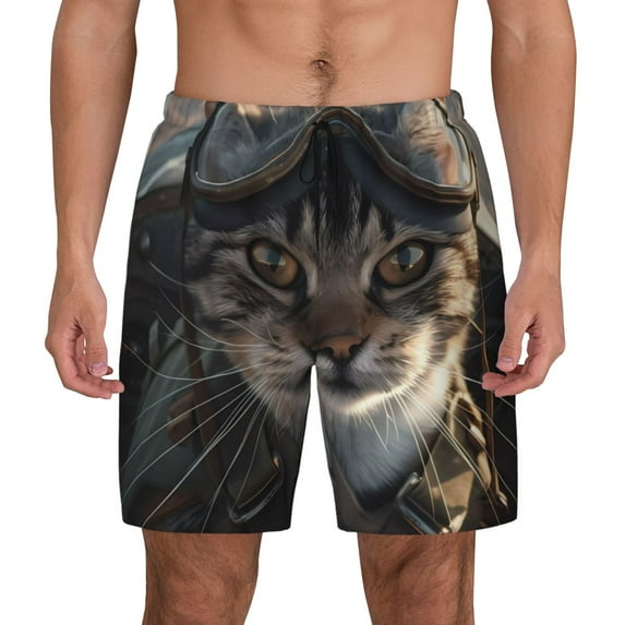 Balery Pilot Cat In Vintage Plane Mens Swim Trunks Swim Shorts for Men Quick Dry Inseam Beach Shorts with Compression Liner Pocket-XX-Large