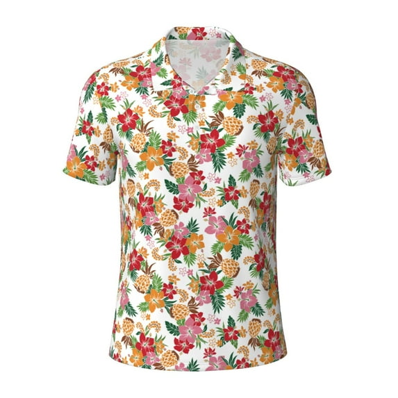 Balery Pineapple Flower Printed Men’s Short Sleeve Polo Shirt, Midweight Men's Shirt,Golf Polo shirts -X-Large