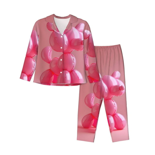 Balery Pink Balloon Puppy Art Pattern Pajama Sets for Women Long Sleeve