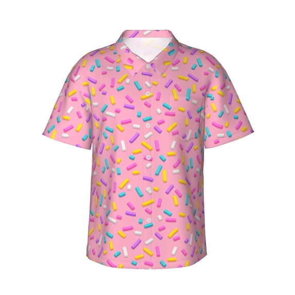Balery Pink Donut Print Men's Hawaiian Shirts Short Sleeve Beach Shirt Relaxed Fit Vacation Button Down Shirts-XX-Large