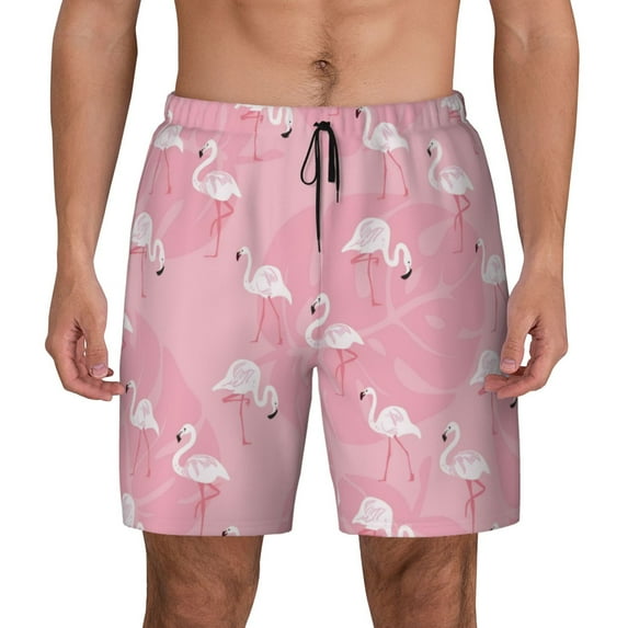 Balery Pink Flamingos and Flowers Mens Swim Trunks Swim Shorts for Men Quick Dry Inseam Beach Shorts with Compression Liner Pocket-Small
