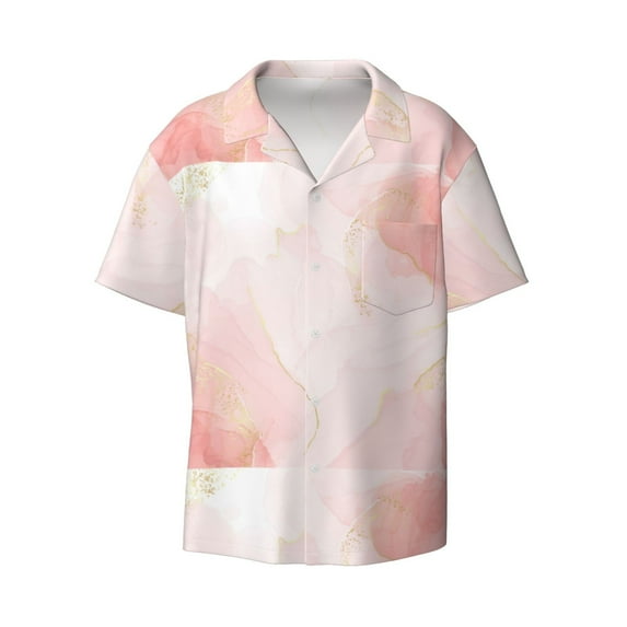 Balery Pink Marble Men's Casual Button Down Shirt Short Sleeve Textured Summer Cuban Beach Shirts-Large