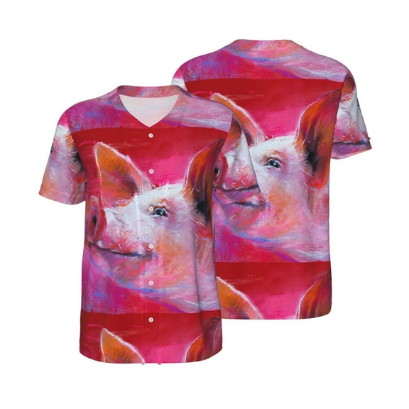 Balery Pink Pig Baseball Jersey for Men Casual Button Down Shirts Short Sleeve Active Team Sports Uniform-Small