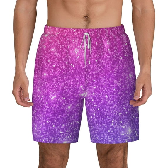 Balery Pink Purple Glitter Mens Swim Trunks Swim Shorts for Men Quick Dry Inseam Beach Shorts with Compression Liner Pocket-Small