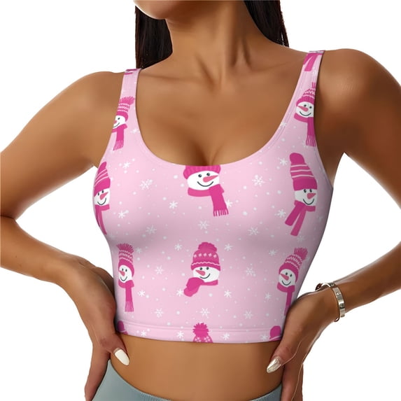 Balery Pink Scarf Snowman Pattern Racerback Sports Bras for Women - Padded Seamless High Impact Support for Yoga Gym Workout Fitness-Large