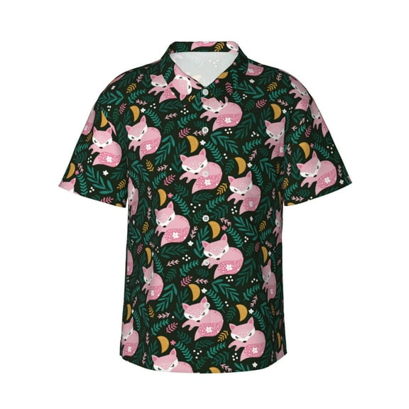 Balery Pink Sleeping Fox Print Men's Hawaiian Shirts Short Sleeve Beach Shirt Relaxed Fit Vacation Button Down Shirts-Medium