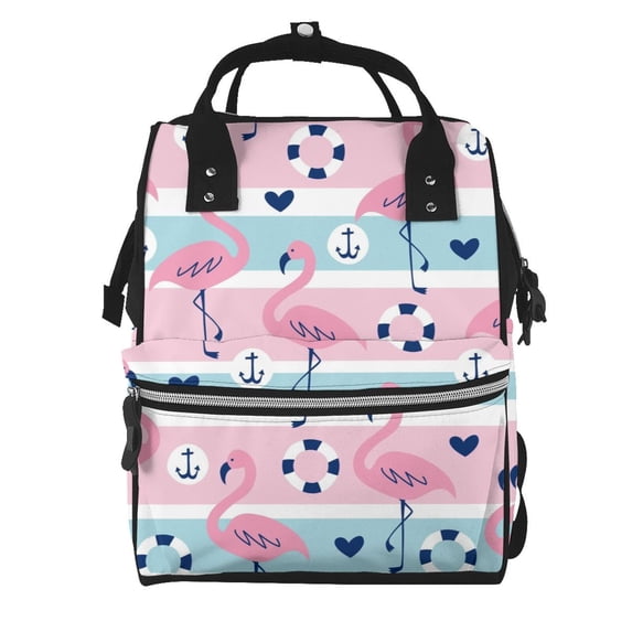 Balery Pink Striped Flamingo Mummy Backpack - Waterproof Twill Canvas, Large Capacity Diaper Bag with Multiple Pockets and Adjustable Straps