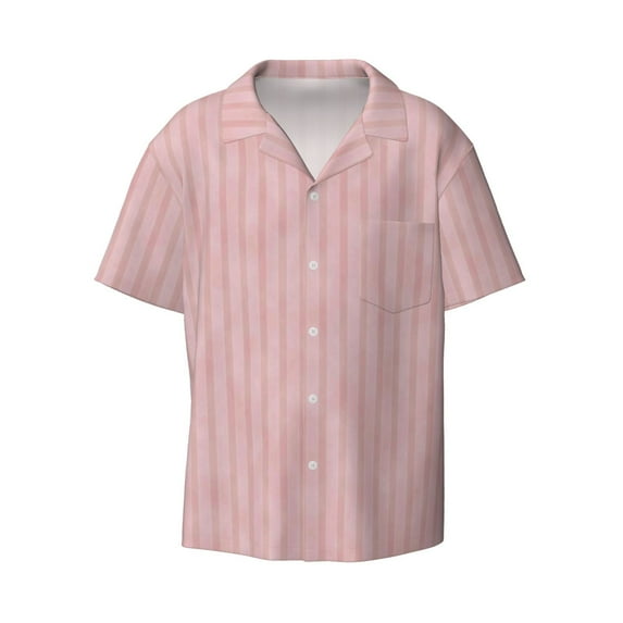 Balery Pink Stripes Men's Casual Button Down Shirt Short Sleeve Textured Summer Cuban Beach Shirts-Large