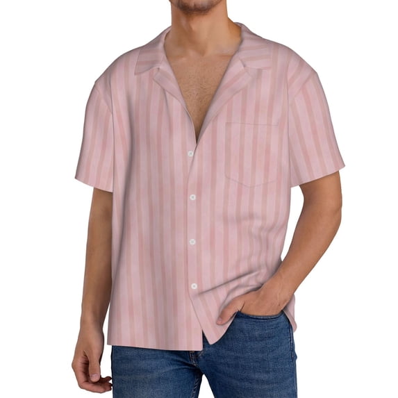 Balery Pink Stripes Men's Casual Button Down Shirt Short Sleeve Textured Summer Cuban Beach Shirts-Small