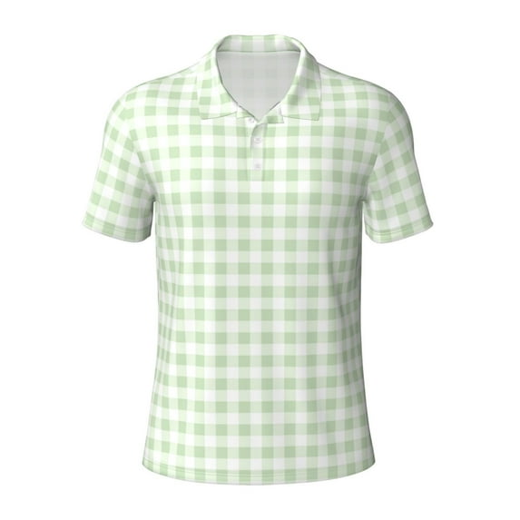 Balery Pistachio Green Checkboard Printed Men’s Short Sleeve Polo Shirt, Midweight Men's Shirt,Golf Polo shirts -4X-Large