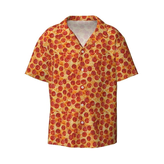 Balery Pizza Men's Casual Button Down Shirt Short Sleeve Textured Summer Cuban Beach Shirts-Large