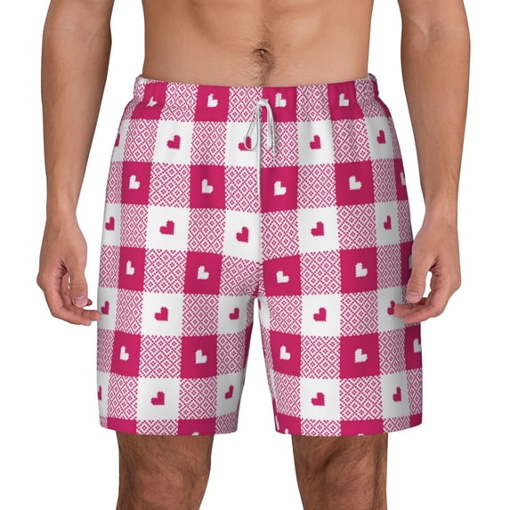 Balery Plaid Heart Mens Swim Trunks Swim Shorts for Men Quick Dry Inseam Beach Shorts with Compression Liner Pocket-Small