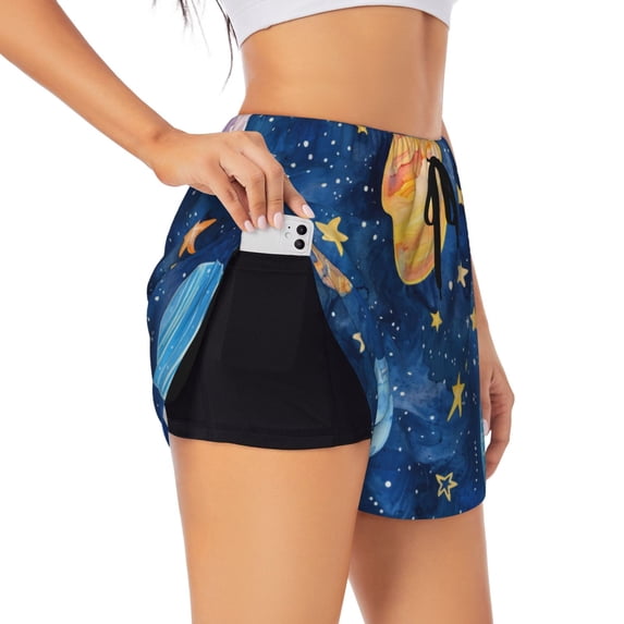 Balery Planets And Stars1 Pattern Women's Running Shorts with Liner 2 Pockets Elastic Workout Athletic Gym Yoga Shorts-Small
