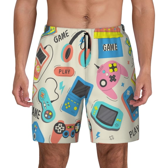 Balery Playing Video Games Mens Swim Trunks Swim Shorts for Men Quick Dry Inseam Beach Shorts with Compression Liner Pocket-XX-Large